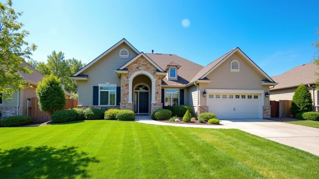 A welcoming suburban home with a well-kept lawn and blue sky, visually symbolizing a sense of security and protection.