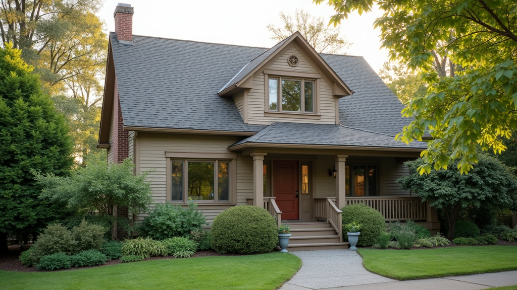 A cozy suburban home surrounded by trees and a picket fence, showing a clean roof and newly painted siding to illustrate well-maintained property