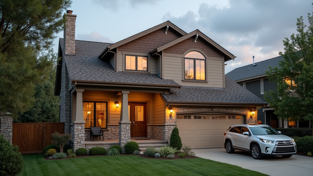 A cozy suburban home with a car parked out front, representing home and auto insurance coverage
