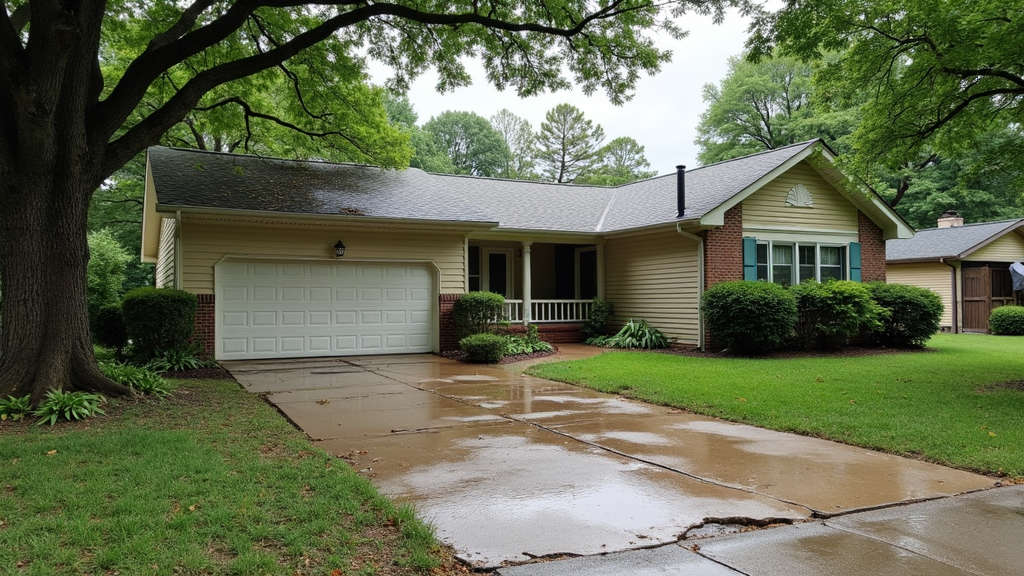 A house next to a large tree, with exposed foundation and a slightly damaged roof. In the background, signs of flooding and wind damage are visible.
