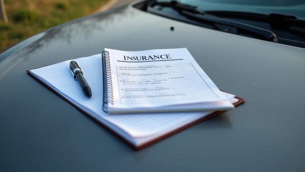 A slightly damaged car parked on the side of the road with an open notepad and insurance papers resting on the hood, with a pen nearby.