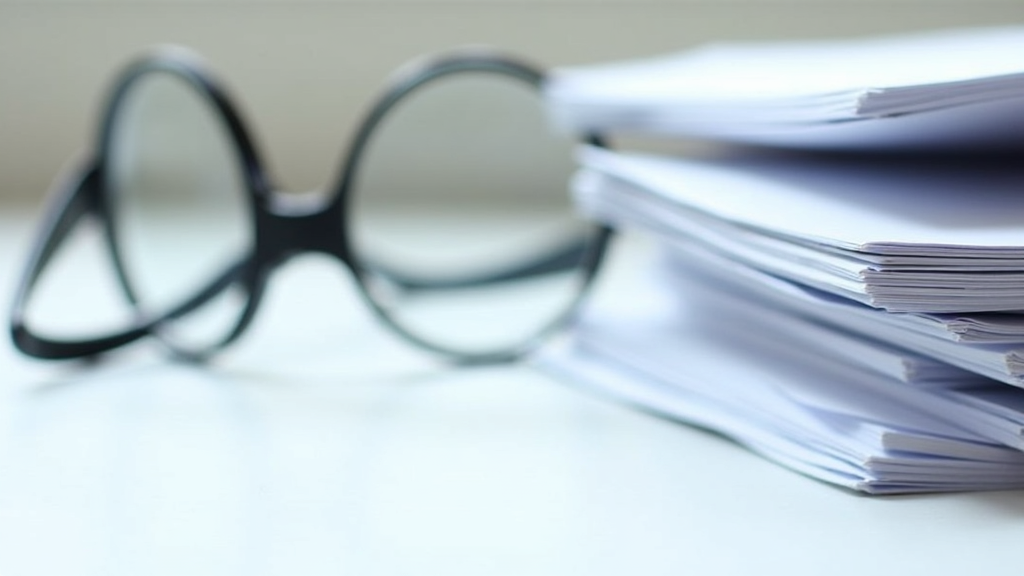 An abstract image showing stacks of papers, a pair of reading glasses, and a magnifying glass to represent careful review of documents and insurance paperwork.