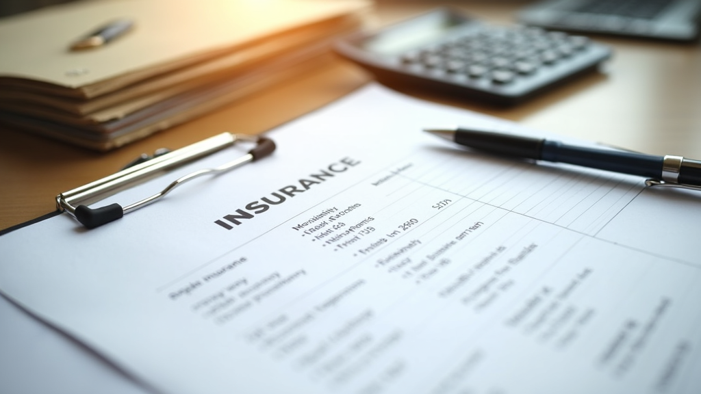 Paperwork and insurance documents on a desk with a pen, calculator, and folders