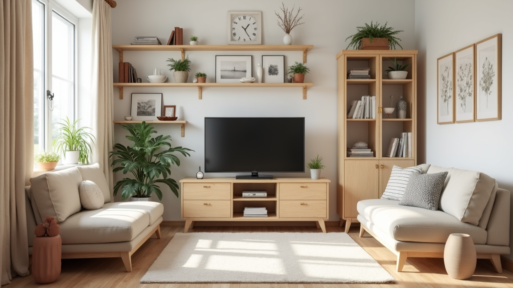 Photograph of an organized living room featuring electronics, furniture, and other belongings